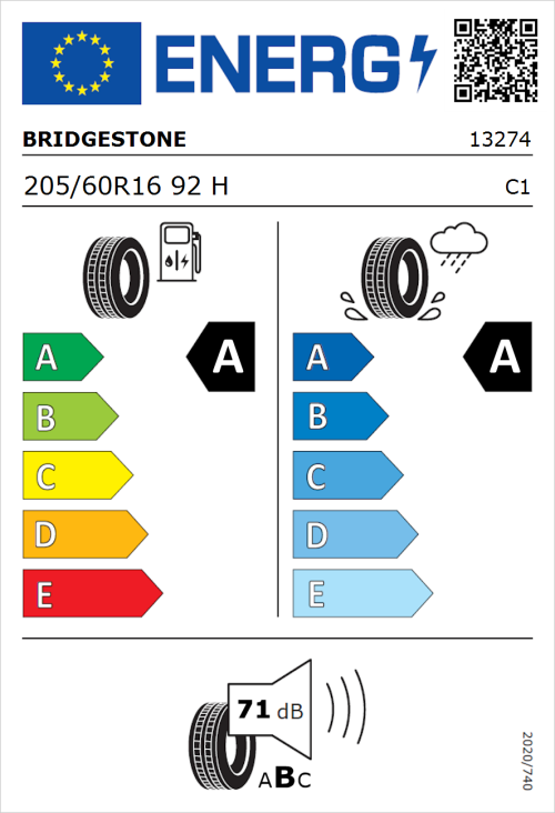 Tyre Label for Bridgestone Turanza Eco 205/60R16 92H